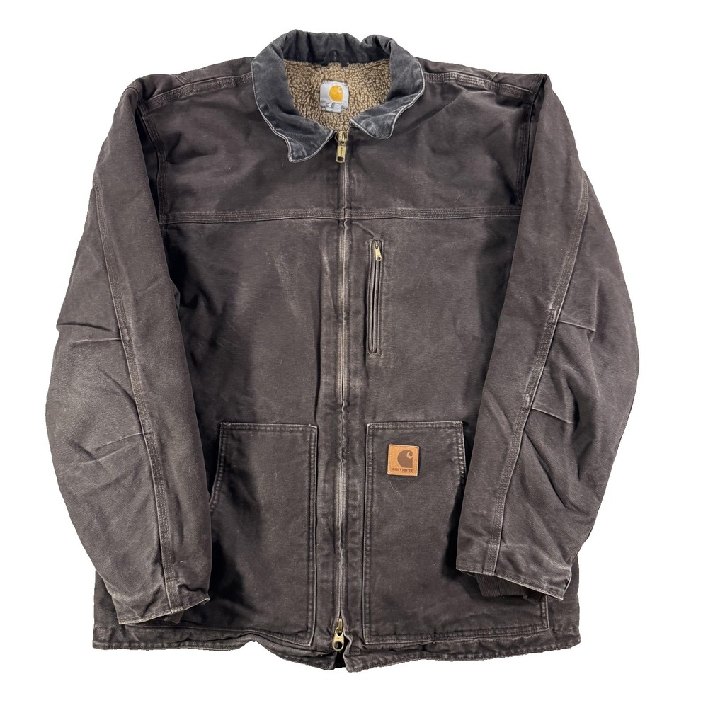 Carhartt Coat Mens LT Brown Canvas Sherpa Lined Insulated Workwear Zip Parka